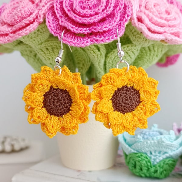 Crochet Sunflower PATTERN. Pattern for jewelry. Easy crochet.