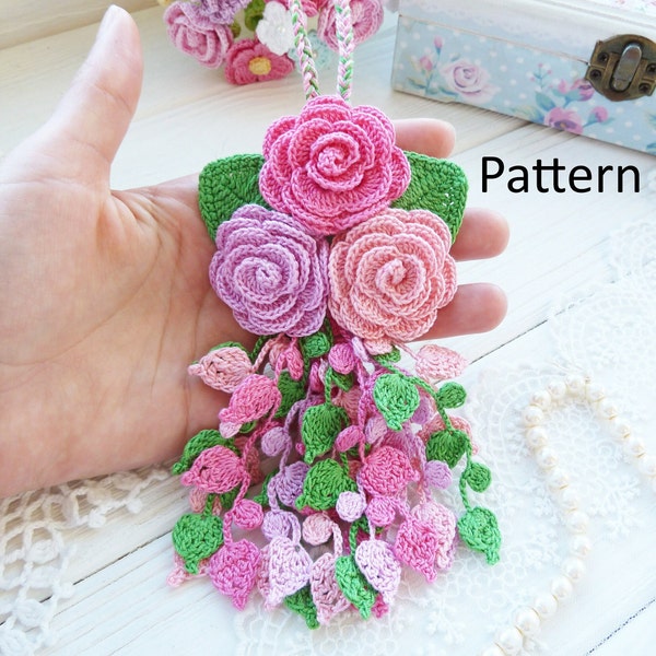 Crochet hanging bouquet PATTERN. Flowers for creating jewelry and accessories. Tassel. Hanging decoration. Make the brooch. Wedding flowers.