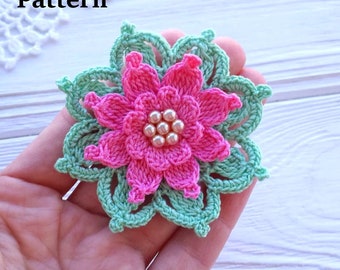 Crochet Flower Pattern. Crochet brooch tutorial. PDF pattern. Flower headband. Photo tutorial. Make wedding flower. Crochet 3-D flower.