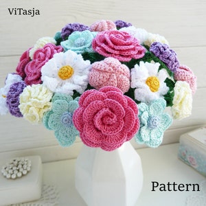 Häkelstrauß MUSTER. Blumen für Dekor. Machen Sie gehäkeltes Geschenk. Hochzeits-Blumen gehäkelt. Blumenschmuck. Häkelblumen für den Muttertag.