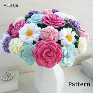 Crochet bouquet PATTERN. Flowers for decor. Make crochet gift. Crochet wedding flowers. Floral Arrangement. Crochet flowers for mothers day.