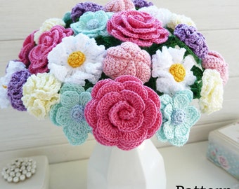 Crochet bouquet PATTERN. Flowers for decor. Make crochet gift. Crochet wedding flowers. Floral Arrangement. Crochet flowers for mothers day.