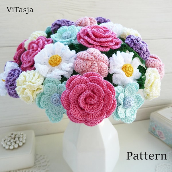 MOTIF de bouquet au crochet. Des fleurs pour la déco. Faites un cadeau au crochet. Fleurs de mariage au crochet. Composition florale. Fleurs au crochet pour la fête des mères.