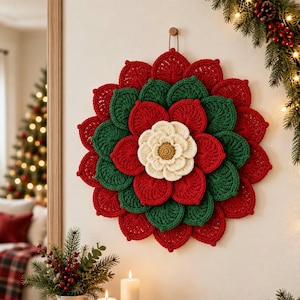 Crochet Flower Wall Hanging Pattern, Christmas Crochet Wreath Pattern, Floral Mandala Wall Decor, Crochet Leaf Arrangement PDF