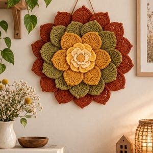 Häkelanleitung für einen Blumen-Wandbehang, Häkelanleitung für ein florales Mandala, Häkelanleitung für ein Blätterarrangement, Häkelanleitung für Wanddekoration, Boho-Wohndeko-Anleitung