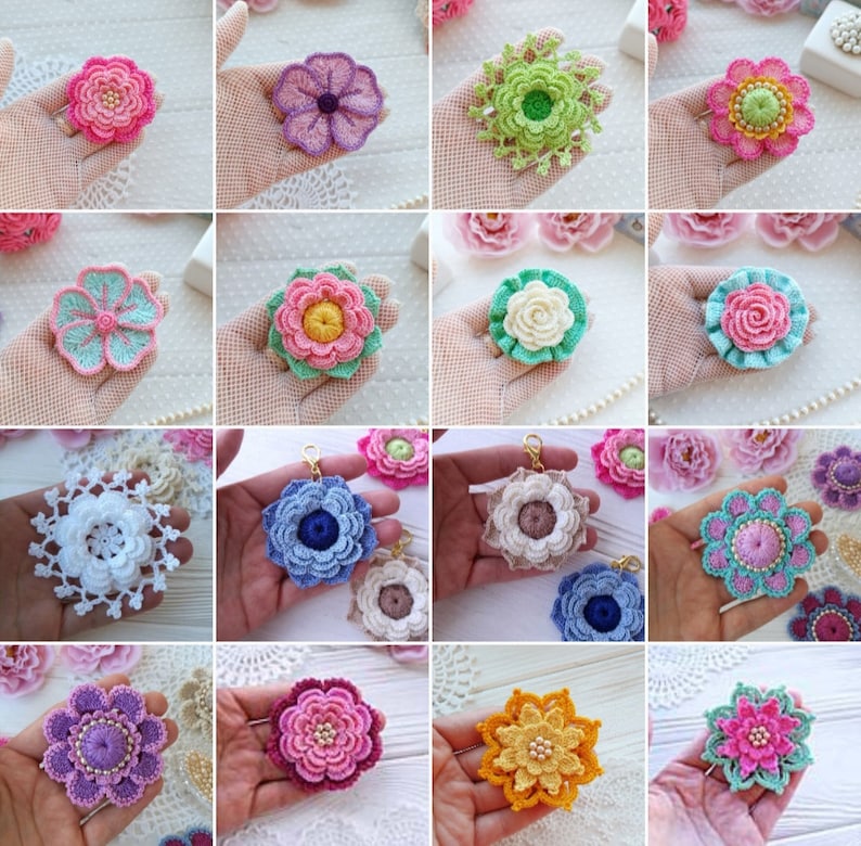 Set of PATTERNS for flowers 7 pcs. Flowers for jewelry. Crochet brooch flowers. Crochet wedding flowers. Headband crochet flowers. image 3