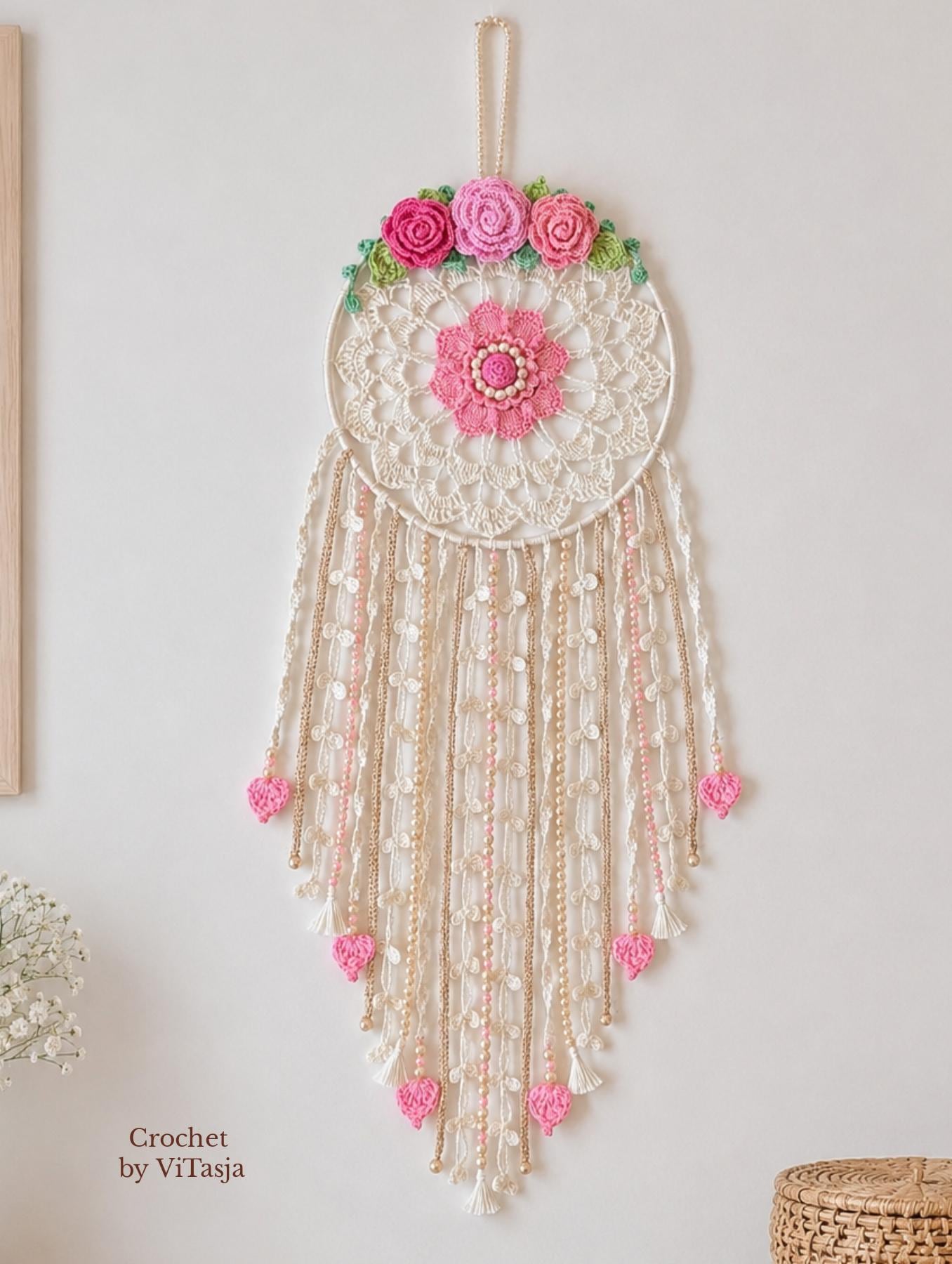 24 Crochet Dreamcatcher Patterns: 24 Beautiful Designs 19 Crochet Dreamcatcher Pattern Floral Wall Hanging