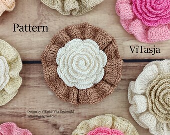 Crochet Flower Pattern. Make hair accessories. Wedding crochet. Making accessories and lewelry. Flower for hat. Rose pattern. Brooch.