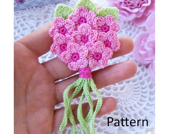 Crochet applique-bouquet PATTERN.  Crochet brooch. Easy crochet. Crochet miniature. Crochet idea for gift.