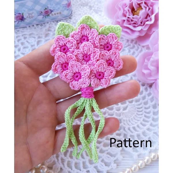 Crochet applique-bouquet PATTERN.  Crochet brooch. Easy crochet. Crochet miniature. Crochet idea for gift.