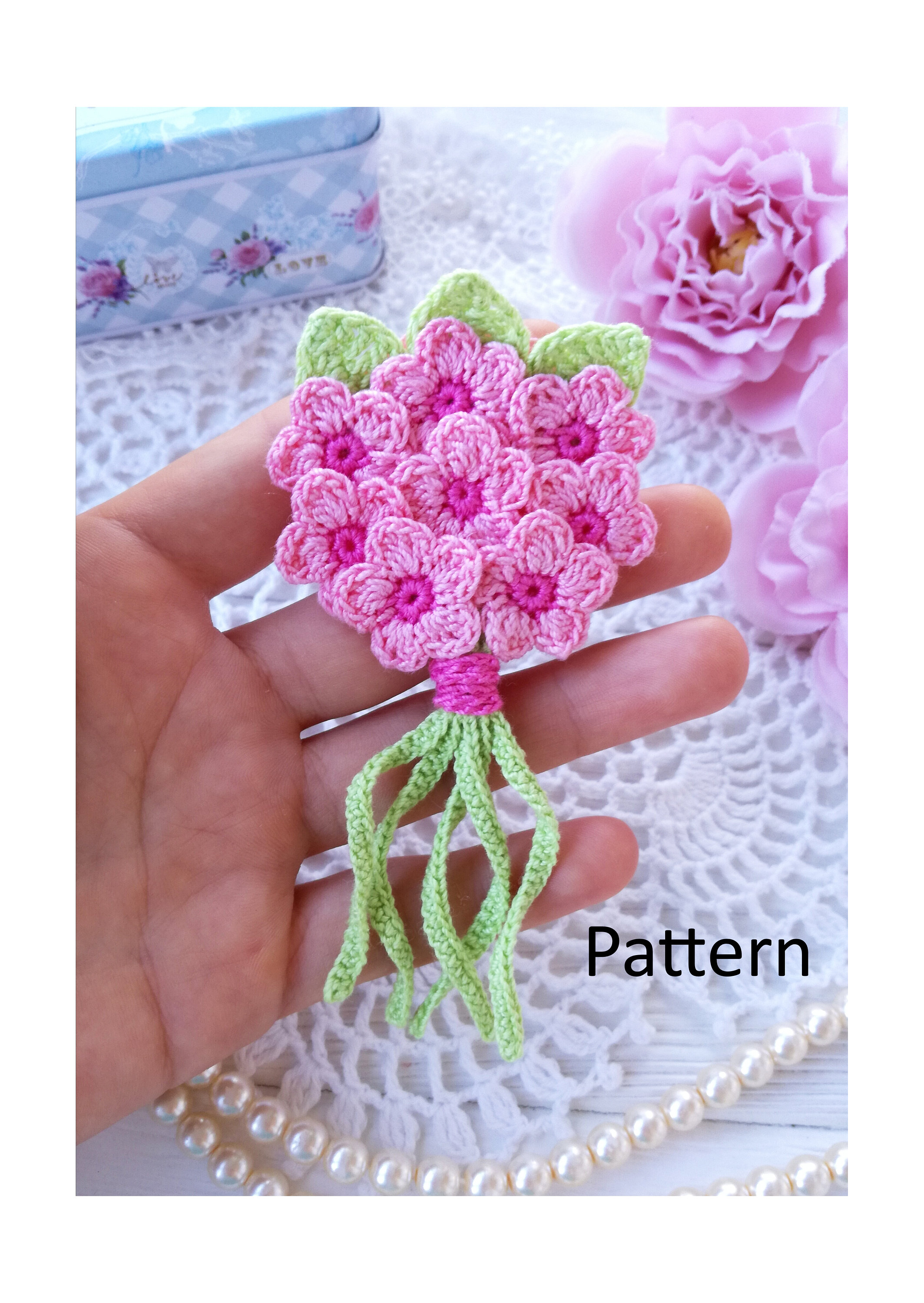 Embellishment 4 x Handmade Crochet Roses.  Applique Brooch.  Glass Beads.