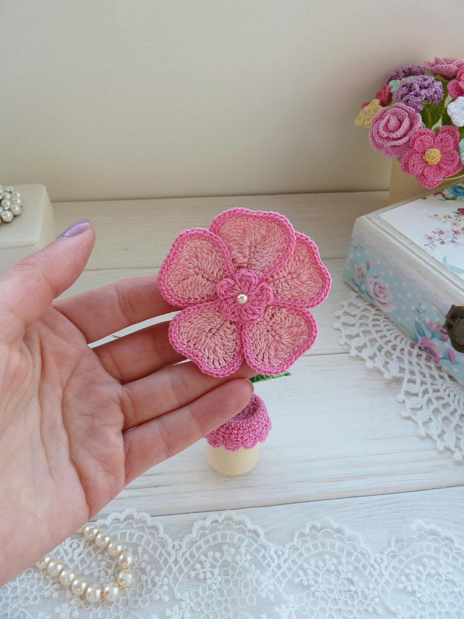Mini crochet flower in a pot.Flower arrangement.Flower gift Etsy