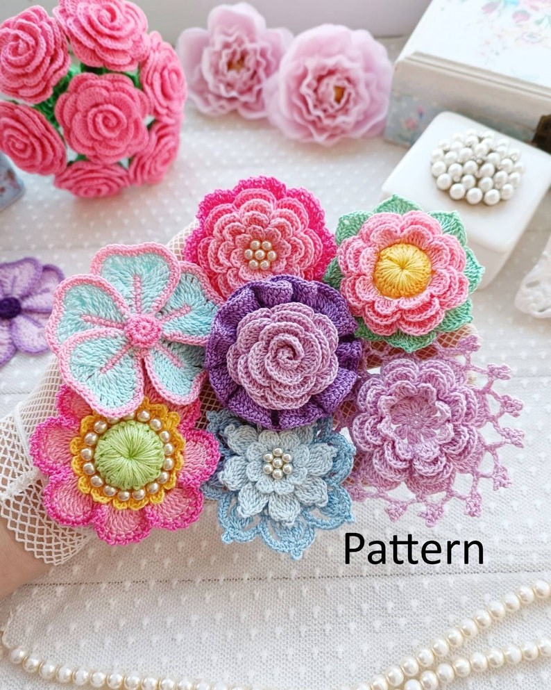 Set of PATTERNS for flowers 7 pcs. Flowers for jewelry. Crochet brooch flowers. Crochet wedding flowers. Headband crochet flowers. image 1
