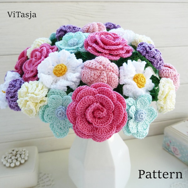 Crochet bouquet PATTERN. Flowers for decor. Make crochet gift. Crochet wedding flowers. Floral Arrangement. Crochet flowers for mothers day.