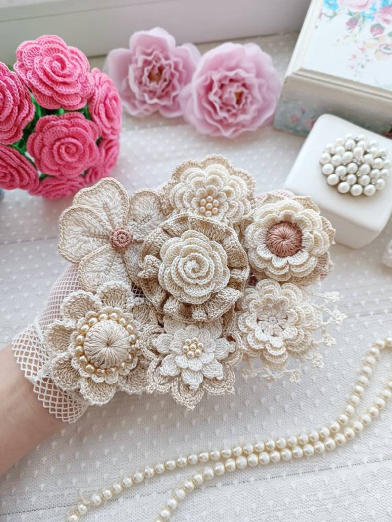Set of PATTERNS for flowers 7 pcs. Flowers for jewelry. Crochet brooch flowers. Crochet wedding flowers. Headband crochet flowers. image 2