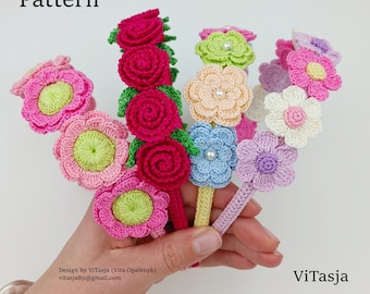 Crochet Headband Pattern, 4 types. Crochet Flower Tutorial. Hair Accessories. Brooch Pattern. Wreath Pattern. Pattern Crochet Decor.