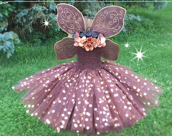 AUTUMN FALL FAIRY Princess Gown for Girls, Dressup Dress & Flower Girl for Disney Theme Wedding Tutu Costume Tinker Bell, Chocolate Brown
