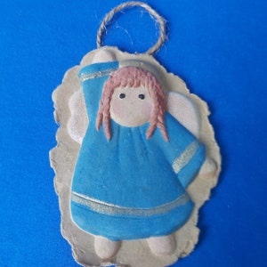 Angel Painted Cast Recycled Paper Ornament, Handmade 1990s Cast Paper Angel, Vintage Angel, Molded Recycled Junk Mail, Free Shipping
