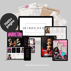 May include: A collection of digital marketing and business resources, including a digital marketing playbook, prayer journal, and Canva templates. The image features a computer screen with the text "The Digital Boutik" and a variety of digital products.