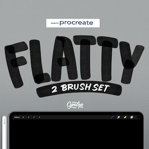 May include: A digital illustration of the text "FLATTY 2 BRUSH SET" in black with a white outline. The text is in a bold, rounded font. The text is on a grey background. The text is for a Procreate brush set.