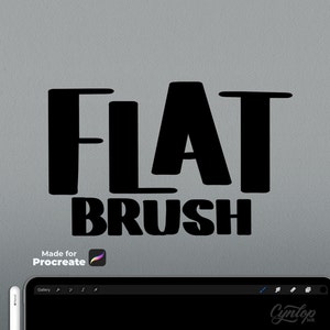 May include: A black and white graphic design with the text "FLAT BRUSH" and the words "Made for Procreate" with a Procreate app icon.