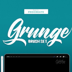 May include: White text on a teal background reads "Grunge Brush Set" with the word "Grunge" in a stylized font. The text "Made For Procreate" is in a white rectangle above the text. A white iPad with a black screen is below the text. The iPad is displaying the Procreate app.