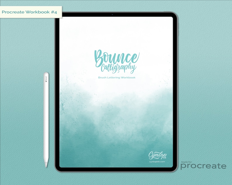 K&ouml;nnte beinhalten: Procreate Workbook #4: Bounce Calligraphy Brush Lettering Workbook. Das Cover zeigt einen t&uuml;rkisfarbenen Aquarellhintergrund mit dem Titel "Bounce Calligraphy" in handschriftlicher Schrift. Das Workbook ist f&uuml;r Procreate gemacht.