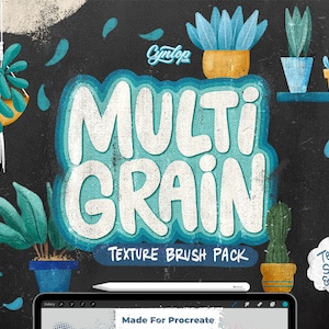 Può includere: Un'illustrazione digitale di un set di pennelli per Procreate chiamato "Multi Grain Texture Brush Pack". L'illustrazione presenta uno sfondo testurizzato blu e bianco con il testo "Multi Grain" in grandi lettere bianche. Il testo "Texture Brush Pack" è sotto il titolo in lettere bianche più piccole. L'illustrazione presenta anche un tablet digitale con uno schermo vuoto e uno stilo. Il testo "Made For Procreate" è nella parte inferiore dello schermo. L'illustrazione è circondata da una varietà di piante in vaso.