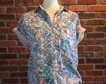 Upcycled Free People Cotton Aztec Print blouse With Ecru Lace Elbow Patches Size Small