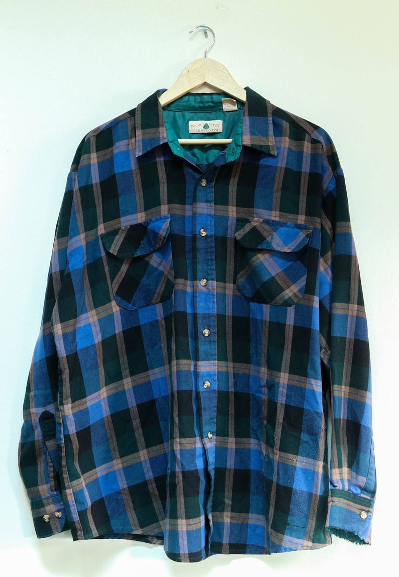 Vintage Button Down Northwest 1970s Long Sleeved Green Blue Plaid Button Down 100/% Acrylic Breast Pocket Unisex Shirt Size XL