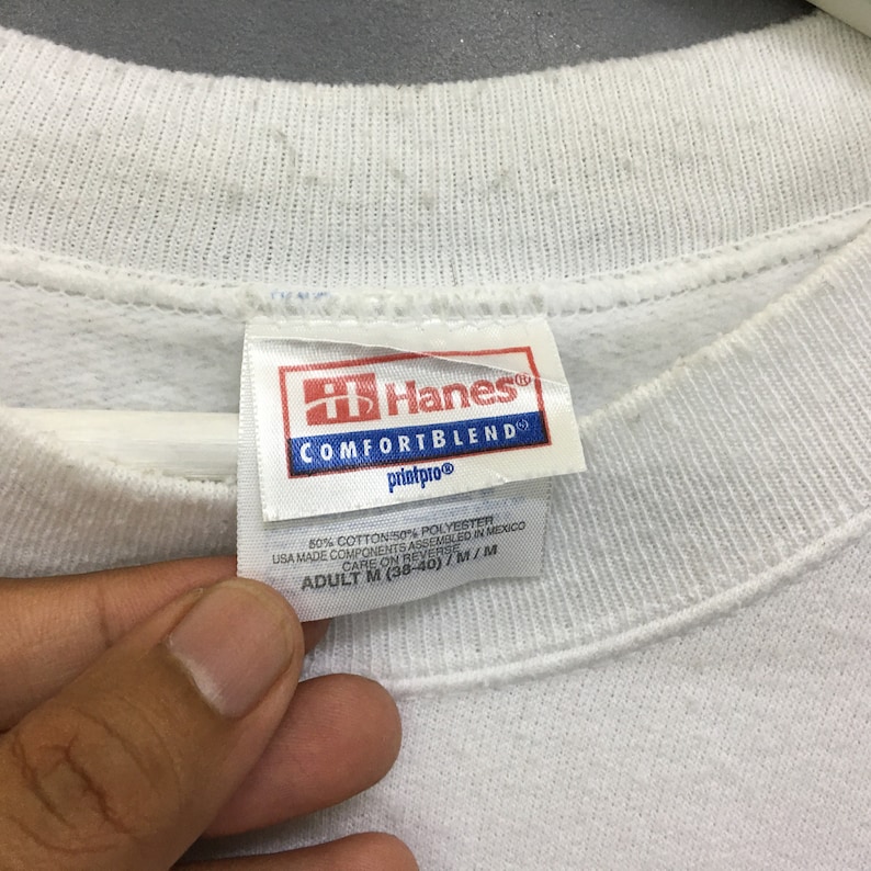 May include: White Hanes ComfortBlend printpro sweatshirt tag with size information. 80% cotton 50% polyester. USA made components assembled in Mexico. Care on reverse. Adult M (38-40) / M / M.