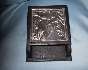 Porte-papier Ottaviani ! Argent sterling et cuir véritable ! Chevaux vintage