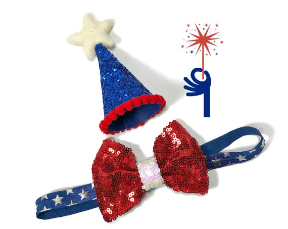 July Birthday Hat and Large Bow Tie || Pet Birthday Party Outfit || Pet Puppy Cat Kitten || Kitty Pig Birthday Crown |