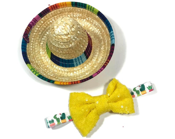 Sombrero + Bow Tie || Mini Sombrero || Dog Hat || Straw Hat || Mini Sombrero || Fiesta Party || Fiesta Hat