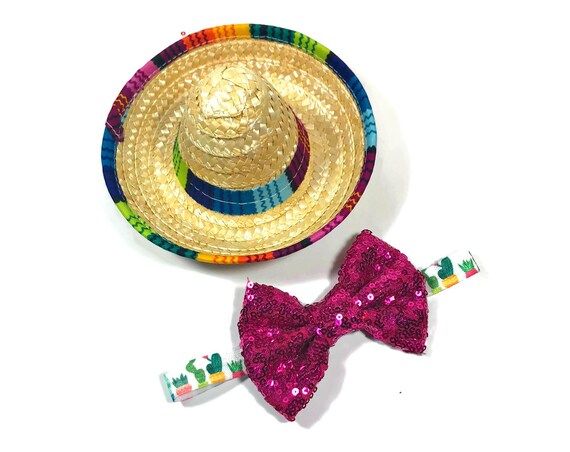 Sombrero + Bow Tie || Mini Sombrero || Dog Hat || Straw Hat || Mini Sombrero || Fiesta Party || Fiesta Hat