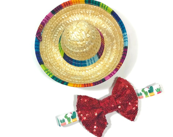 Sombrero + Bow Tie || Mini Sombrero || Dog Hat || Straw Hat || Mini Sombrero || Fiesta Party || Fiesta Hat