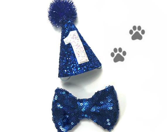 Dog Birthday Hat and Large Bow Tie || Dog Gift || Pet Birthday Party Outfit || Pet Puppy Cat Kitten || Kitty Pig Birthday Crown |