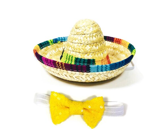 Sombrero + Bow Tie || Mini Sombrero || Dog Hat || Straw Hat || Mini Sombrero || Fiesta Party || Fiesta Hat