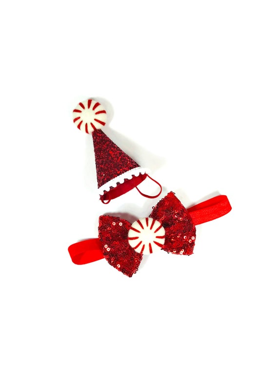 Christmas Hat and Bow Tie || Peppermint Dog Christmas Outfit Costume || Animal Pet Holiday Outfit