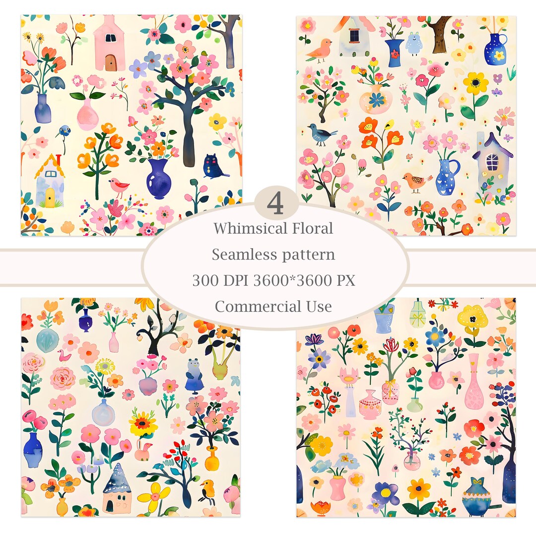 Whimsical Floral Seamless Pattern Bundle, Cottagecore Digital Paper ...