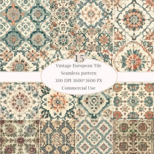15Vintage Floral Tile Seamless Pattern, Antique European Wallpaper Digital Paper, Sage Green Botanical Ornamental Background, Scrapbook PNG