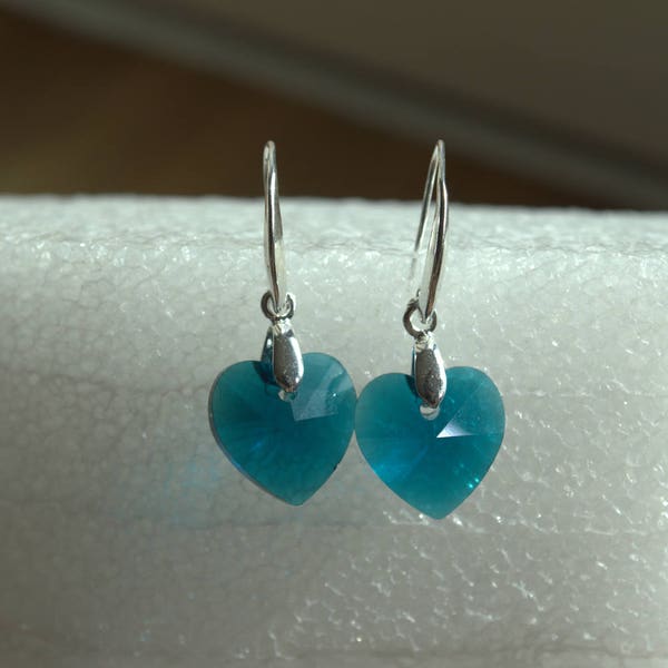 Teal blue heart earrings, teal blue drop earrings, crystal earrings, sterling silver dangle earrings, teal blue earrings, gift for her