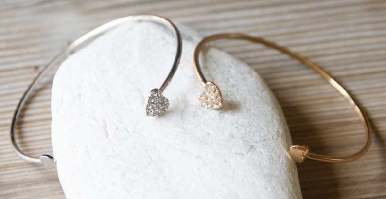 Women/'s Heart Bracelet Yellow Gold Silver Gift For Her Wedding Bridesmaid Gift Tiny Cubic Zirconia CZ Minimalist Jewelry Cuff Dainty Bridal