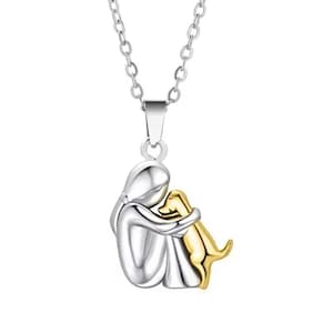 Pendants Puppy Woman Dog Hug Necklace Pendants Cute Gifts for Her Him Jewellery Mothers Day Birthday Gift Animal Lover Yellow Gold Silver