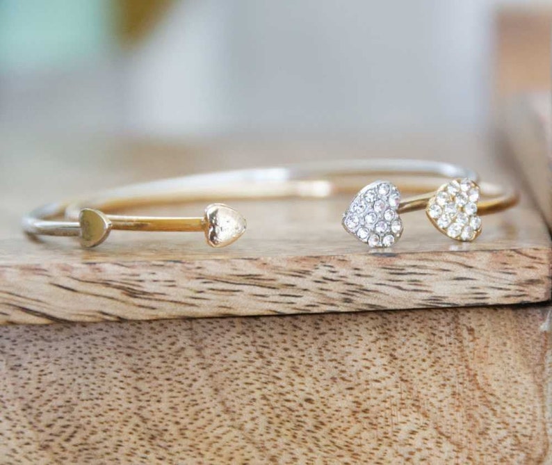 Women/'s Heart Bracelet Yellow Gold Silver Gift For Her Wedding Bridesmaid Gift Tiny Cubic Zirconia CZ Minimalist Jewelry Cuff Dainty Bridal