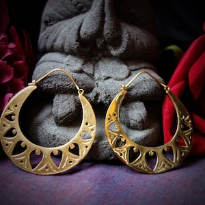 Boucles d&#39;oreilles creoles dorées laiton style bijoux bohème indonesiano - Grandi cerchi Orecchini in ottone tribale indonesiano loto gioielli stile boho