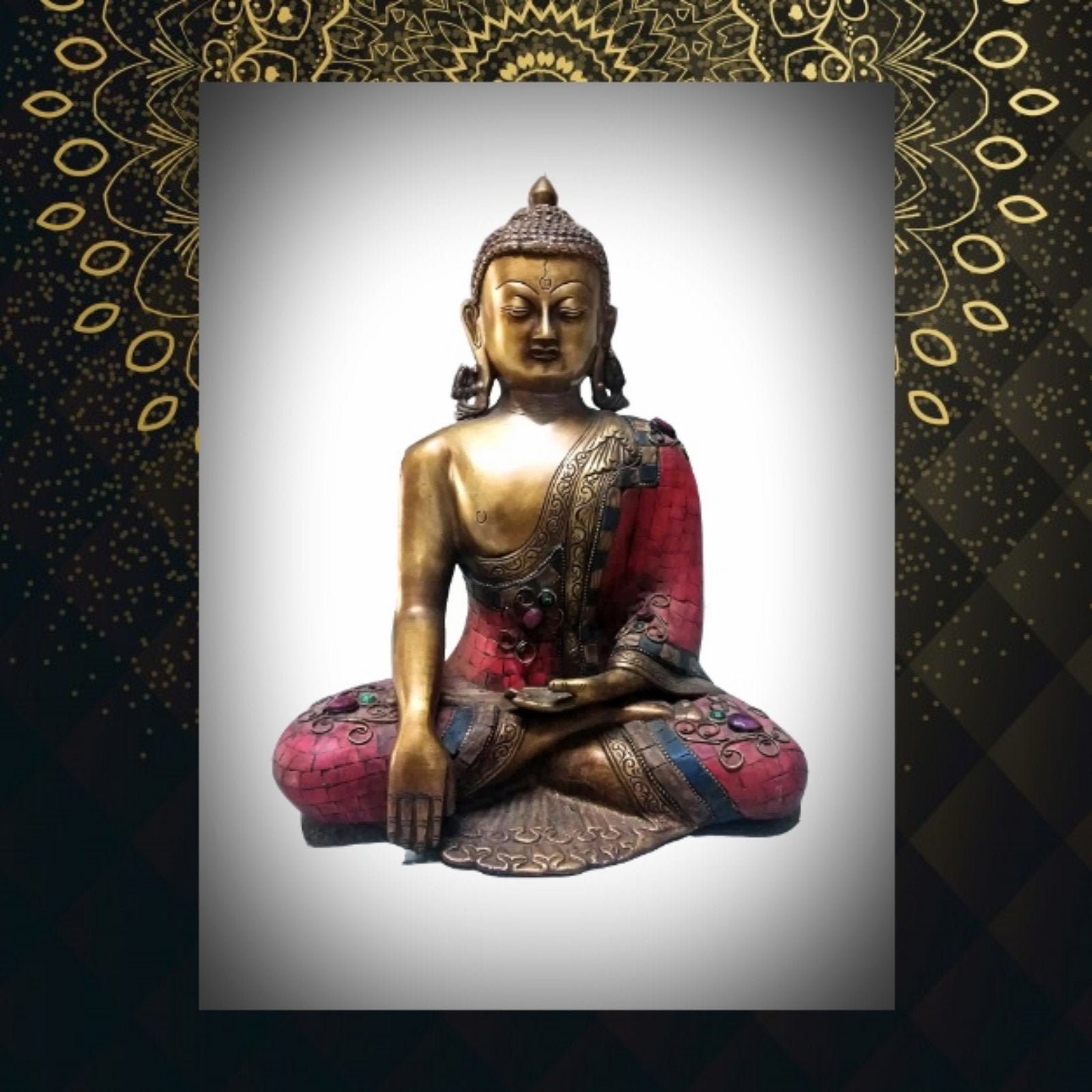 Statue de Bouddha Exceptionnelle en Bronze Lapis Lazuli et Corail -Pièce Collection - 32 cm/ 12, 6 I