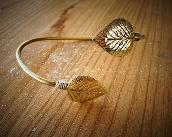 Bracelet doré feuilles double ajustable laiton - Bracelet golden leafs double adjustable brass