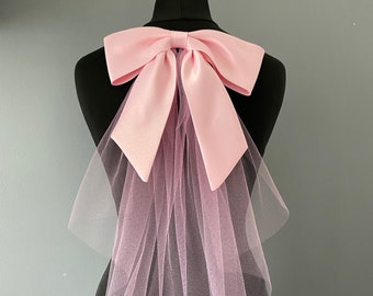 May include: A pink tulle veil with a large pink satin bow attached to the back.