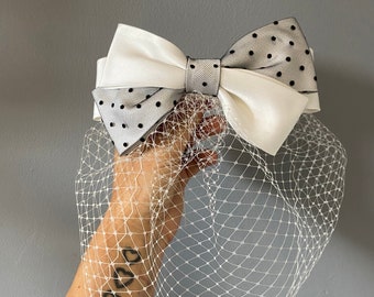 Black and white spot  triple bow birdcage veil